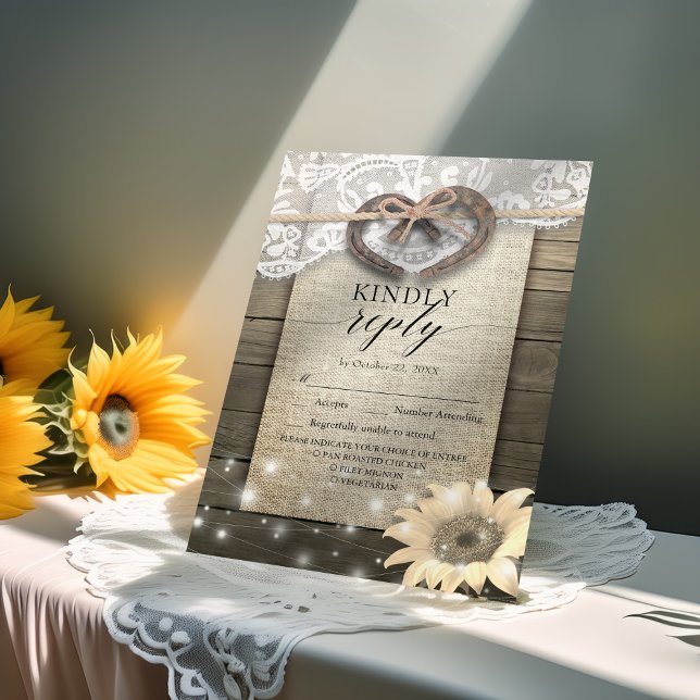 Horseshoe Sunflower Wood Wedding RSVP Kindly Antwo Karte (Von Creator hochgeladen)