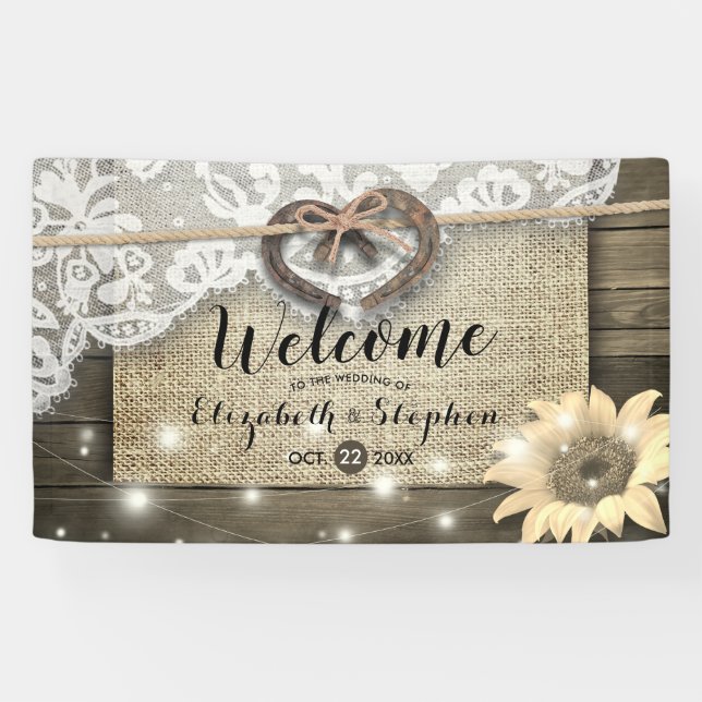 Horseshoes Burlap Lace Sonnenblumen Hochzeit Willk Banner (Horizontal)