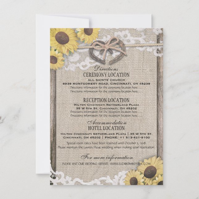 Horseshoes Burlap Lace Sunflower Wedding Details Einladung (Vorderseite)