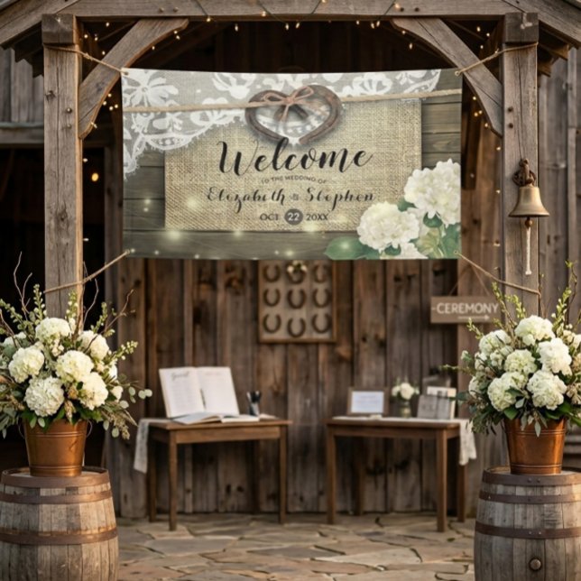Horseshoes Hydrangea Rustic Wood Wedding Willkomme Banner (Von Creator hochgeladen)