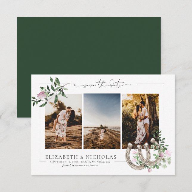 Horseshoes Kleeblatt Greenery | 3 Foto Hochzeit Save The Date (Vorne/Hinten)