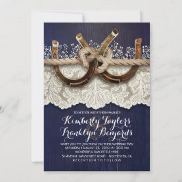 Horseshoes Lace Wood Navy Rustikale Hochzeit Einladung