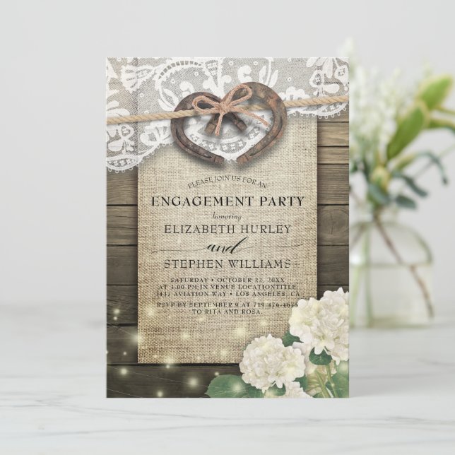 Horseshos Burlap Lace Hydrangea Engagement Party Einladung (Stehend Vorderseite)