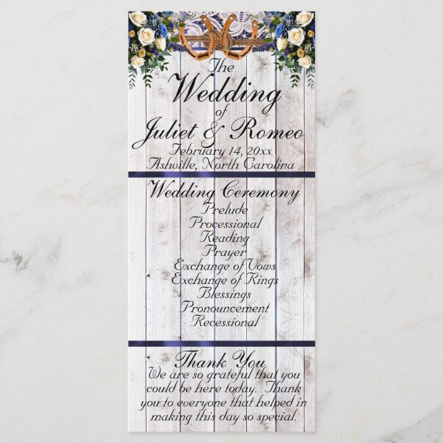 Horseshos, Ribbon & Lace - Blue Wedding Programm (Vorderseite)