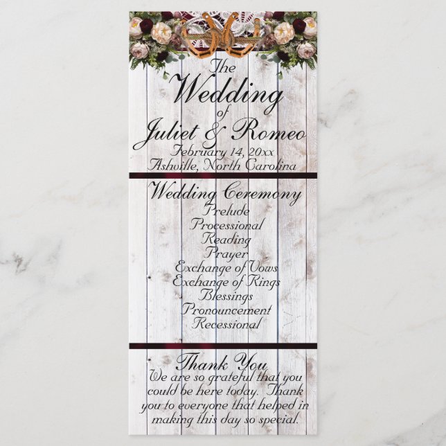 Horseshos, Ribbon & Lace - Burgundy Wedding Programm (Vorderseite)