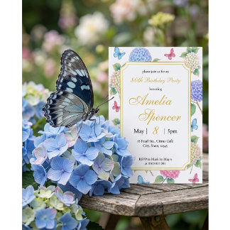 Hortensien-Aquarell-Schmetterling-Geburtstag Einladung