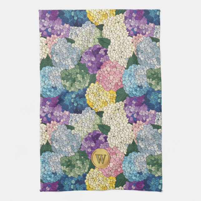 Hortensien-Blumen-Falsches-Buntglas-Monogramm Geschirrtuch (Vertikal)
