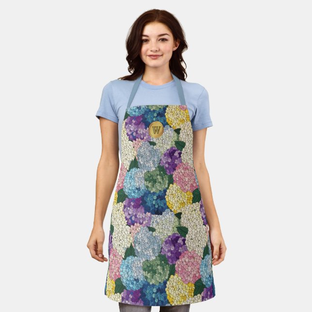 Hortensien-Blumen-Falsches-Buntglas-Monogramm Schürze (Getragen)