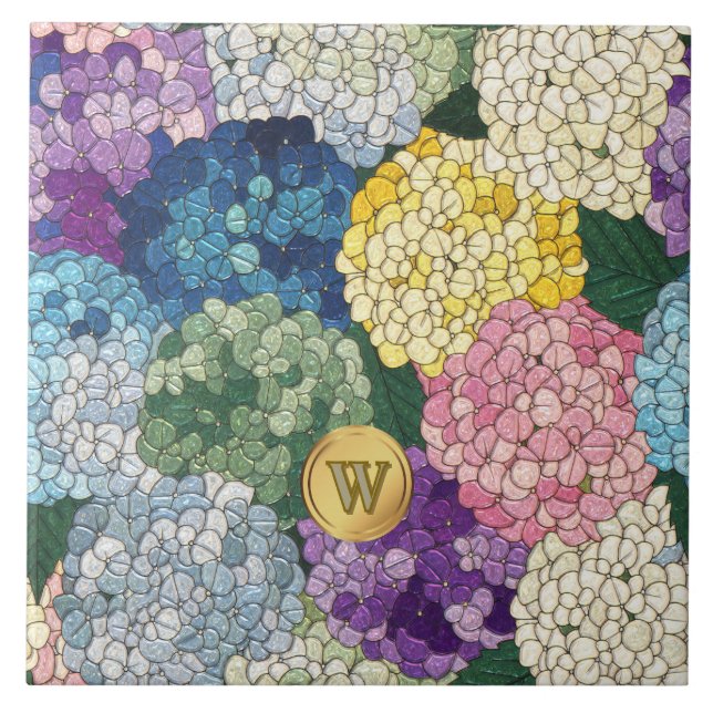 Hortensien Florales Falsches Buntglas Monogramm Fliese (Vorderseite)