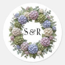 Hortensien-Monogramm-Kranz-Hochzeit Runder Aufkleber