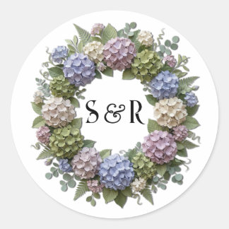 Hortensien-Monogramm-Kranz-Hochzeit Runder Aufkleber
