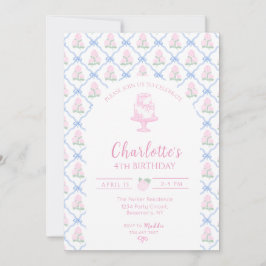 Hortensien-Terrasse mit rosa grünen Blüten und bla Einladung