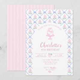 Hortensien-Terrasse mit rosa grünen Blüten und bla Einladung