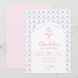 Hortensien-Terrasse mit rosa grünen Blüten und bla Einladung