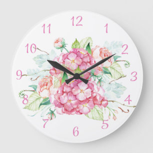 Hortensien-Wanduhr im Wasserfarbdesign Rosa Große Wanduhr