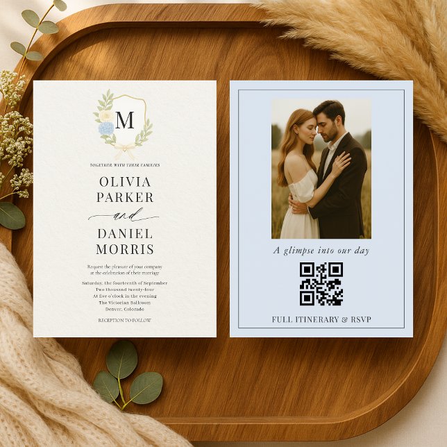 Hortensien-Wappen-Monogramm-Foto-QR-Code-Hochzeit Einladung (Von Creator hochgeladen)