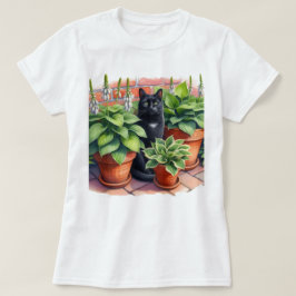 Hosta Garden und Black Cat Watercolor T-Shirt