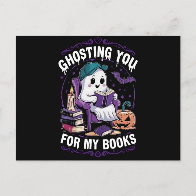Hosten Sie für meine Bücher Ghost Reading Hallowee Postkarte (Vorderseite)