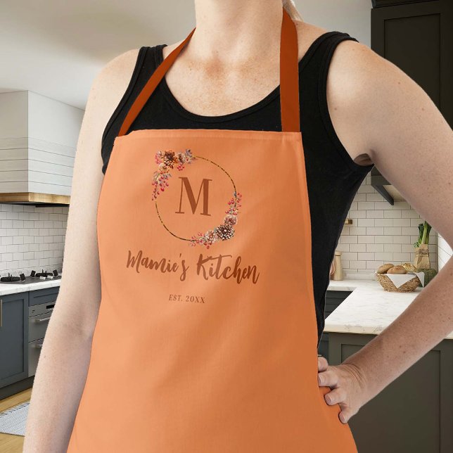 Hostess Gift Erntedank Harvest Mums Monogram Schürze (thanksgiving hostess gift personalized apron monogram orange pumpkin terracotta mums elegant pretty )