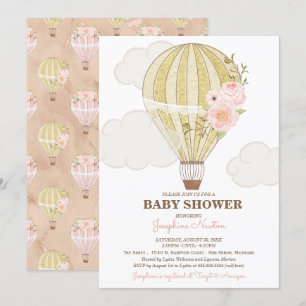 Hot Air Ballon Baby Dusche aus Gold und Rosa Einladung