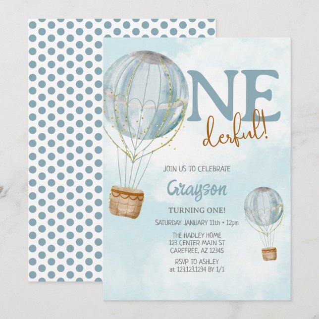 Hot Air Ballon Blue 1. Geburtstag Einladung (Vorne/Hinten)