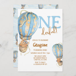 Hot Air Ballon Blue Boho 1. Geburtstag Einladung