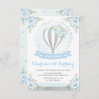 Hot Air Ballon Blue Silver Floral 1. Geburtstag Einladung
