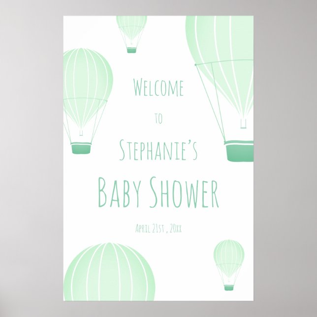 Hot Air Ballon Green Baby Dusche Willkommen Poster (Vorne)