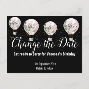 Hot Air Ballon Pink ändern Datum Schwarz Ankündigungspostkarte