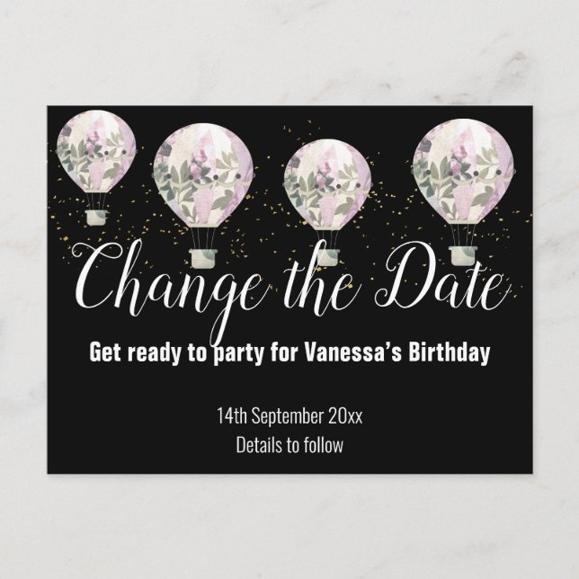 Hot Air Ballon Pink ändern Datum Schwarz Ankündigungspostkarte (Vorderseite)