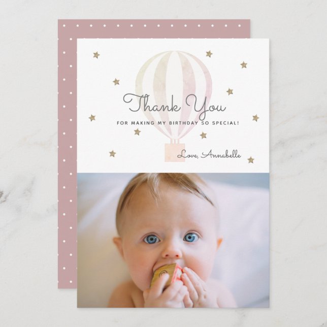 Hot Air Ballon Pink Geburtstag Foto Danke Karte (Vorne/Hinten)