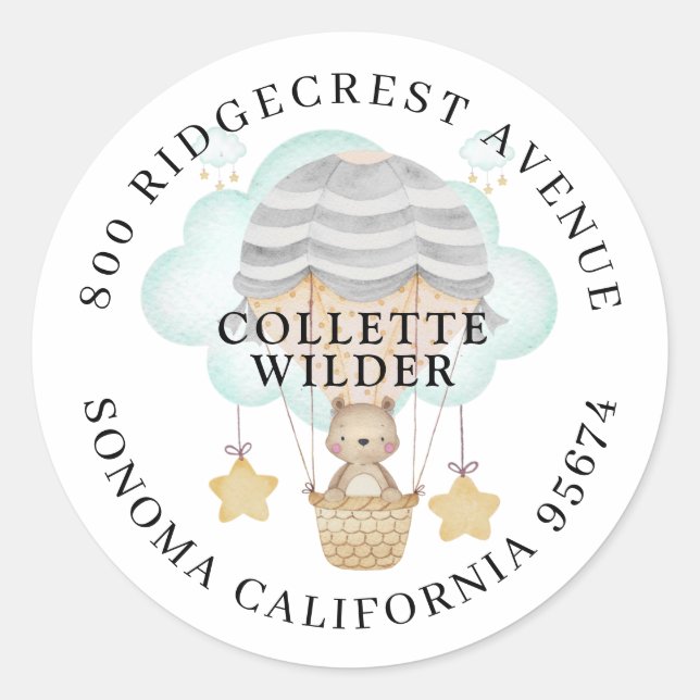 Hot Air Balloon Baby Bear Dusche Rücksendeadresse Runder Aufkleber (Vorderseite)