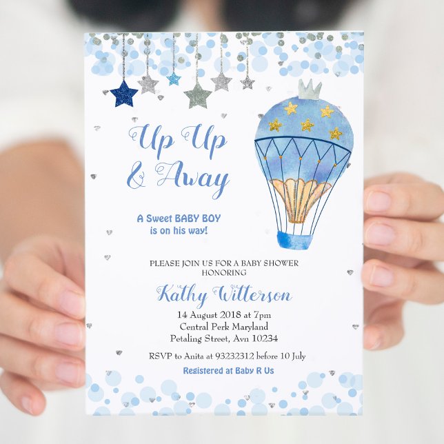 Hot Air Balloon Baby Dusche Glitzer Blue Star Einladung (Von Creator hochgeladen)