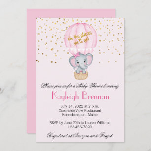 Hot Air Balloon Baby Girl Elephant Babydusche Einladung