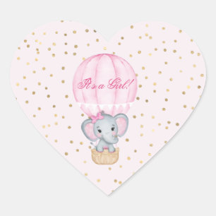 Hot Air Balloon Baby Girl Elephant Babydusche Herz-Aufkleber
