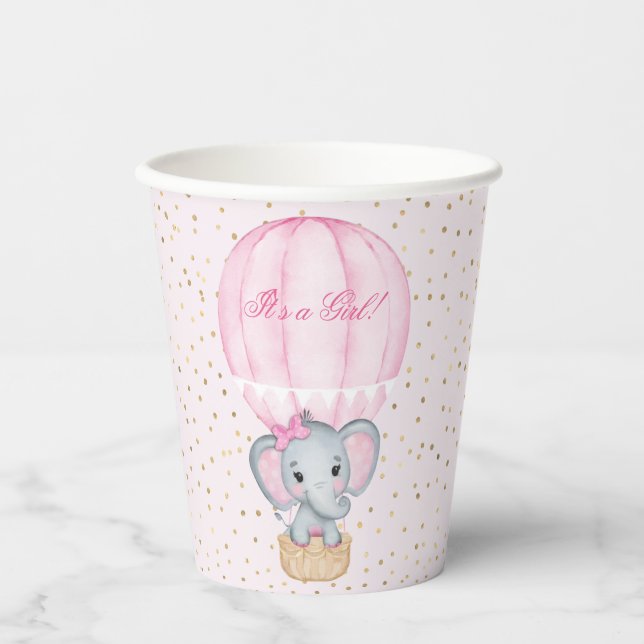 Hot Air Balloon Baby Girl Elephant Babydusche Pappbecher (Vorderseite)