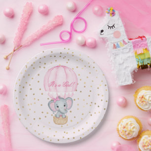 Hot Air Balloon Baby Girl Elephant Babydusche Pappteller