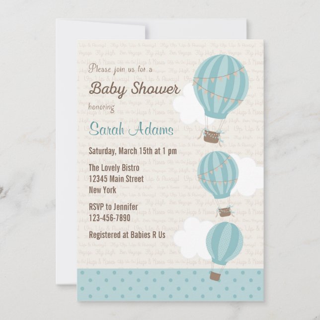 Hot Air Balloon Baby Shower Invitation (blau) Einladung (Vorderseite)