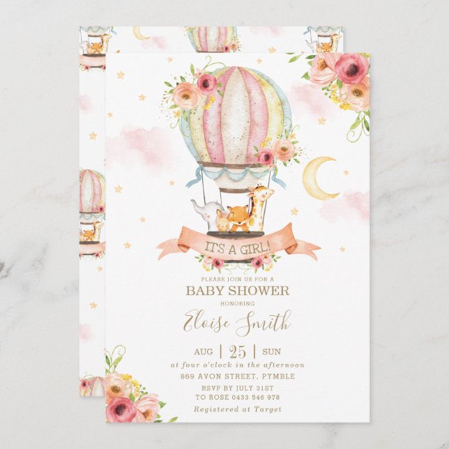 Hot Air Balloon Baby Shower Jungle Animals Girl Einladung (Vorne/Hinten)