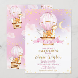 Hot Air Balloon Baby Shower Jungle Animals Girl Einladung