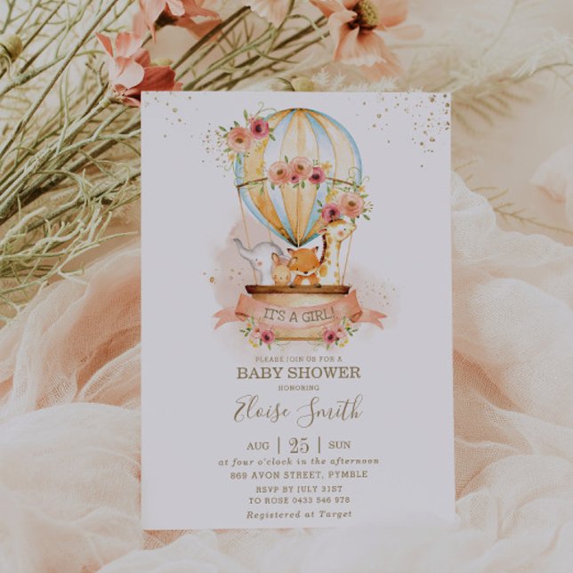Hot Air Balloon Baby Shower Jungle Animals Girl Einladung (Von Creator hochgeladen)