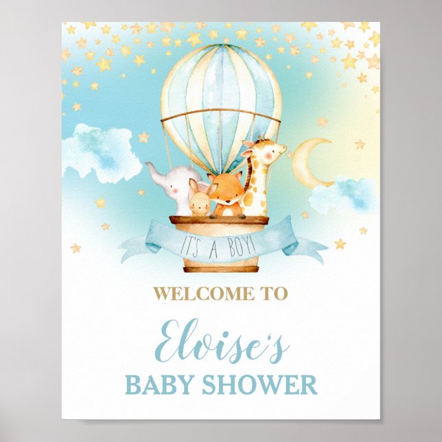 Hot Air Balloon Baby Shower Jungle Tiere Willkomme Poster (Vorne)