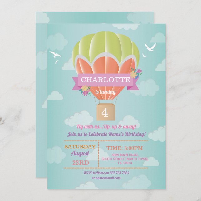 Hot Air Balloon Birthday Party Ride Fly Clouds Einladung (Vorne/Hinten)