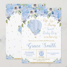 Hot Air Balloon Blue Floral Baby Shower Boy Einladung