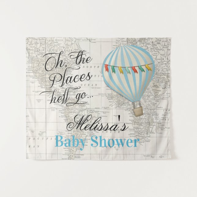 Hot Air Balloon Boy Baby Dusche Hintergrund Wandteppich (Vorderseite (Horizontal))