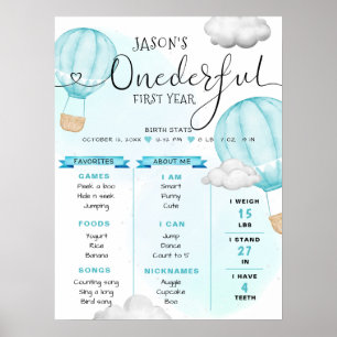 Hot Air Balloon Boy First Birthday Milestone Poster