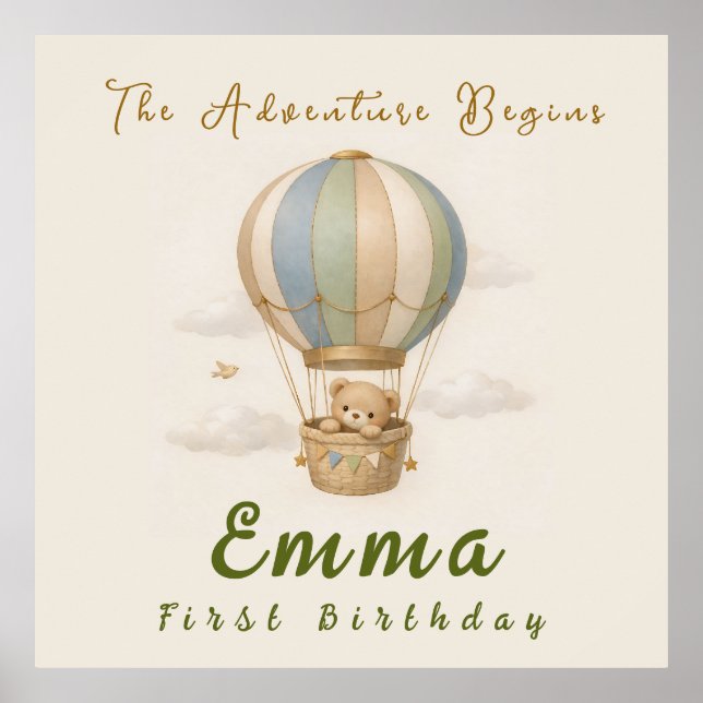  Hot Air Balloon First Birthday Poster (Vorne)