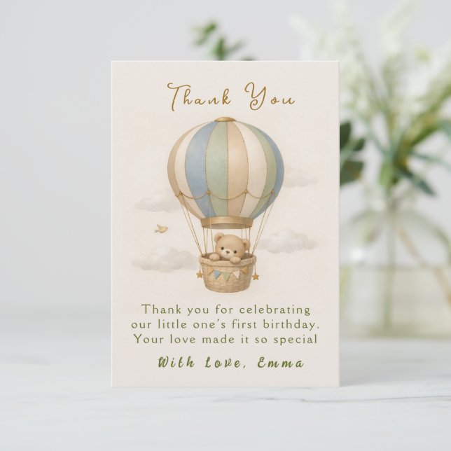 Hot Air Balloon First Birthday Thank You Card Dankeskarte (Stehend Vorderseite)