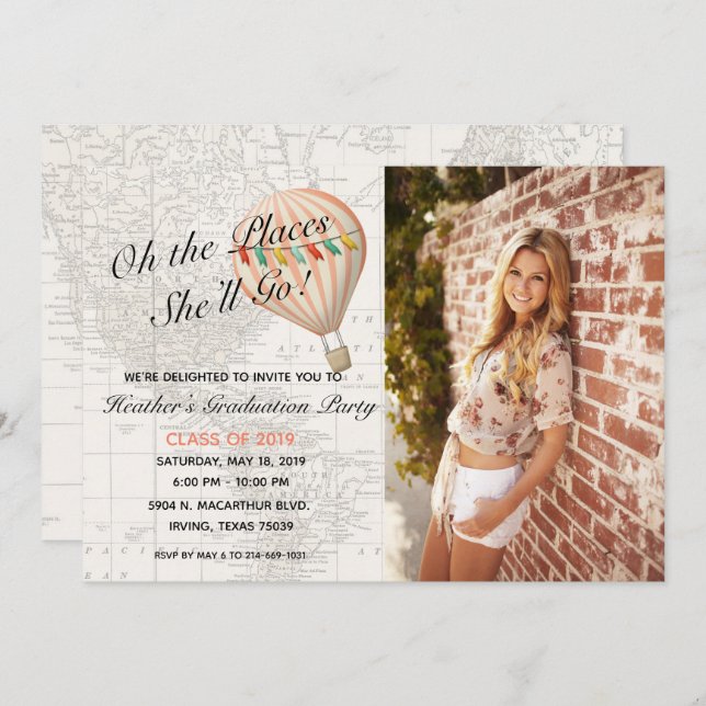 Hot Air Balloon Girl Abschluss Einladung (Vorne/Hinten)