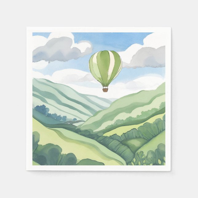 Hot Air Balloon | Green Watercolor Landscape Serviette (Vorderseite)